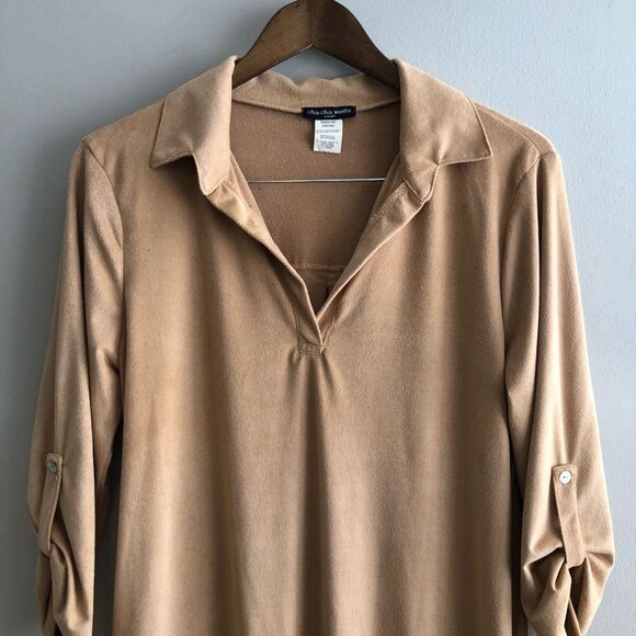 Cha Cha Vente Soft Suede Flowy Relaxed VNeck 3/4 Sleeve Mini Dress Tan - Picture 3 of 13